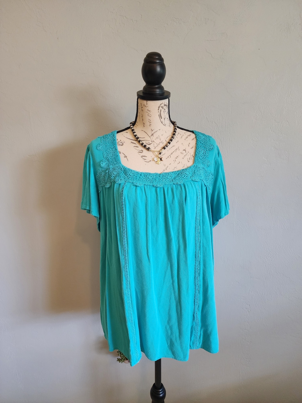 Lane Bryant Turquoise Crochet-Trim Short Sleeve Tunic